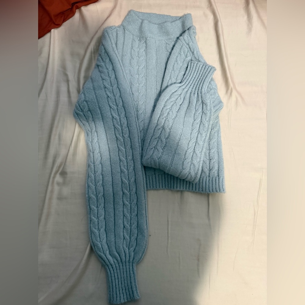 Buckle Light Blue Cable Knit Turtleneck Sweater